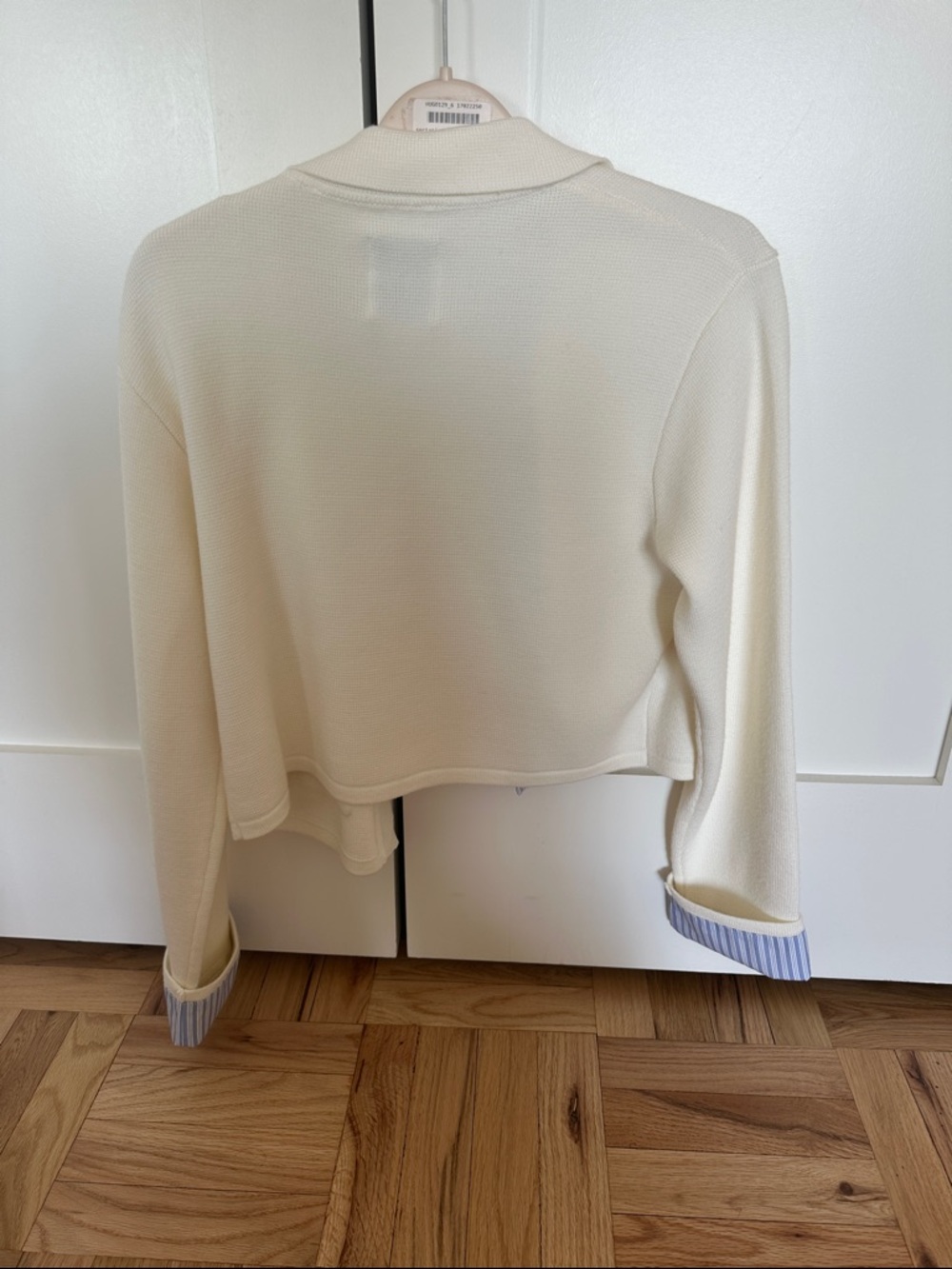 Sandro Cream Knit Cardigan with Blue Pinstripe Trim - Picture 3 of 6